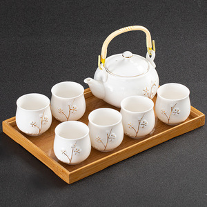 Japanese Tea <b>Set</b> Plum Blossom Embossed <b>Teapot</b> and Cups White Ceramic Tea <b>Set</b> with Tray - Product Image 1
