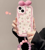Coque de téléphone portable en TPU avec impression de fleurs de tulipe à nœud papillon et bracelet à perles pour iPhone 6 7 8 X Xr XS 11 12 13 14 15 16 Pro Max