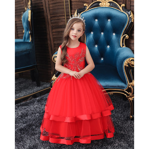 Robe de bal en tulle rouge pour filles, col rond, ornée de fleurs, robe de demoiselle d'honneur pour enfants - Product Image 2