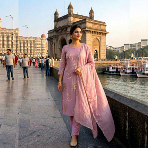 Ensemble Salwar Kameez en soie chinon brodée rose, tenue traditionnelle indienne avec dupatta pour les fêtes, les mariages, les remises de diplômes, Diwali - Product Image 1
