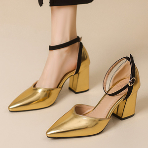 Sandales à talons épais et bas pour femme, grande taille 48, à bout pointu, avec bride de cheville, pour soirée, coupe large - Product Image 3