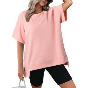 OEM卸売レディース服カスタムロゴコットンピンクTシャツ女性用ドロップショルダーTシャツシャツ女性用特大