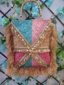 Bohemian <b>Straw</b> Tote <b>Bag</b> with Beaded Shell Trim Bamboo Handles Women's Casual Beach Handbag Fashion Trendy Designs - Product Image 1