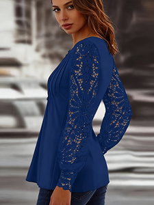 Blusa Casual de Primavera/Otoño para Mujer, Estilo Europeo, Sexy, de Encaje, Manga Larga, Talla Grande, Corte Holgado, con Fibra de Leche y Cuello en V con Botones - Product Image 2