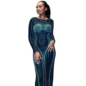 Giảm vòng eo hot girl maxi Chiều dài ăn mặc 3D cơ thể in dài tay áo L Bộ sưu tập thời trang sexy O cổ của phụ nữ Ăn mặc - Product Image 1