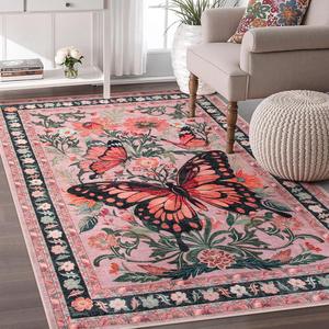 Alfombra Decorativa Rectangular Antideslizante para Interiores con Diseño Floral de Mariposas Vintage Wan Xinlong, 1.0 kg, Limpieza con Agua - Product Image 1