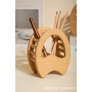 Solid Wood Egg Shaped Pen Holder Natural Color <b>Round</b> Design For Pencils And Makeup <b>Brushes</b> Storage Box - Product Image 4