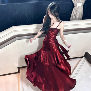 Mermaid Style Red Prom Dress Spaghetti Strap Ruffles Natural Waistline Elegant Coming Of Age Ceremony Banquet Party Attire - Product Image 1