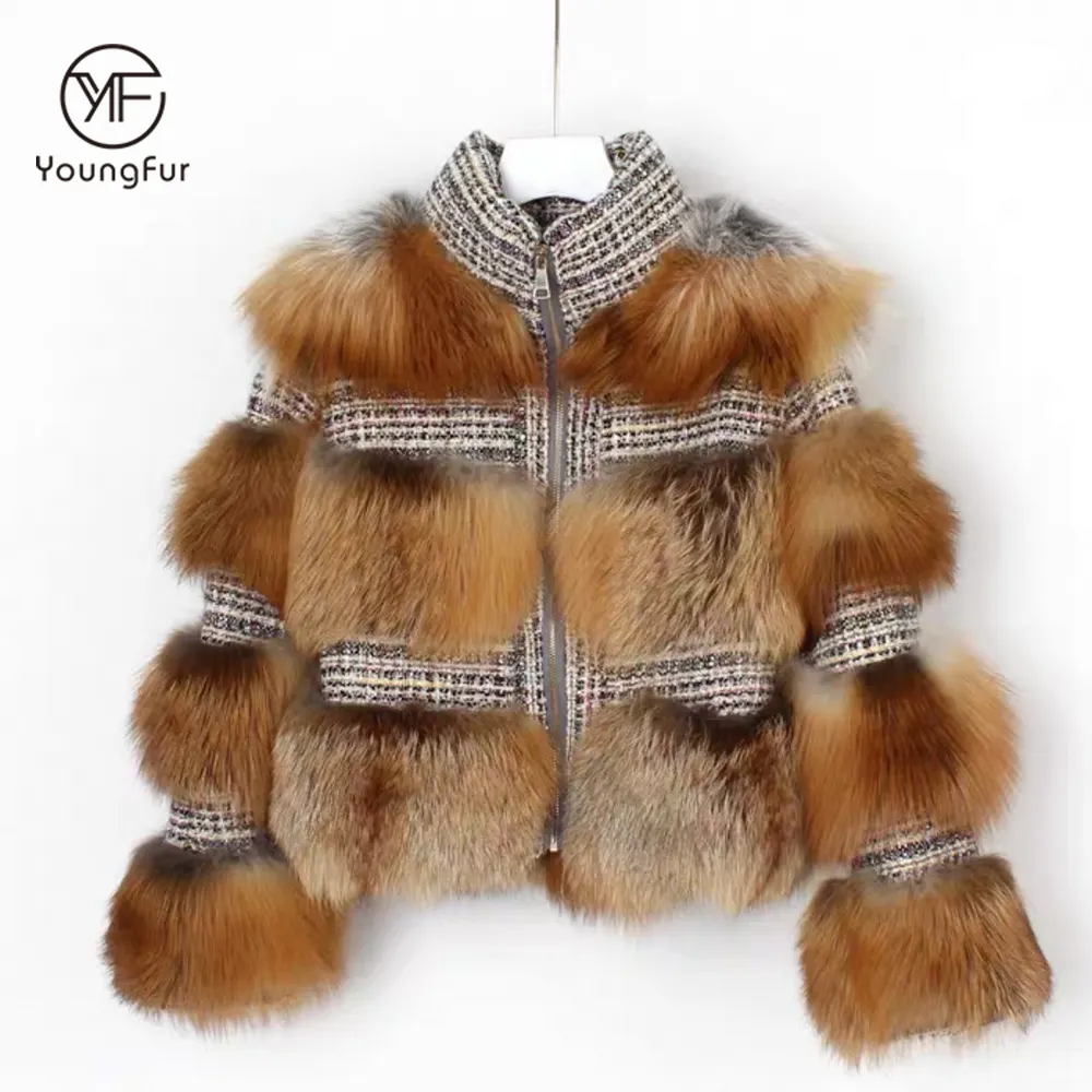 2020 Winter Top Quality Wool Tweed Blazer with Red Fox Fur Women Real Fur Short Coat Jacket