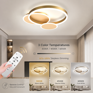Plafonnier LED moderne en forme d'anneau doré, en acrylique et métal, à montage en surface, télécommande, variateur de lumière, tricolore, pour chambre et salon - Product Image 3