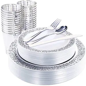 10,25 дюймов элегантные модные сверхмощные тарелки для свадебной вечеринки одноразовые пластиковые кружевные ободки серебряные тарелки