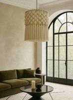 Lustre en macramé en gros pour décoration de plafond de mariage, avec pompons et fleurs artificielles pour toile de fond de réception intérieure