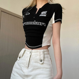 Streetwear pour femmes-Top court à ourlet irrégulier-T-shirt brodé style moto-Couleurs contrastées-Tops côtelés tricotés de course - Product Image 4