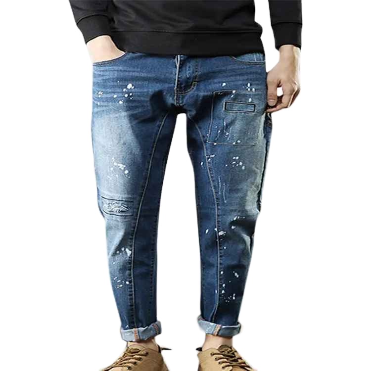 2019 toptan erkek mavi Denim kot Modern moda orta-bel yama baskı delikleri yüksek bel düz stil fermuar Fly