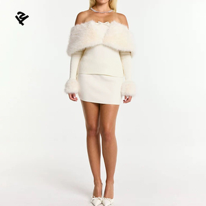 Ensemble deux pièces en tricot à épaules dénudées pour femmes, avec nœud en fausse fourrure, haut court à manches longues et mini-<span class=keywords><strong>jupe</strong></span> moulante, blanc ivoire, tenues de soirée sexy - Product Image 1