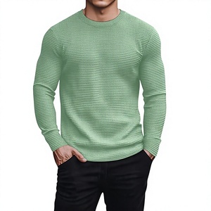 <b>Men's</b> Waffle Knit Long Sleeve T-Shirt Crew Neck Slim Fit Casual Solid Sage <b>Green</b> Pullover <b>Top</b> - Product Image 1