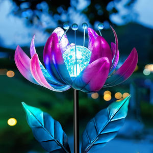 Fiore di loto palo di metallo colorato filatura mulino a vento luce a LED sfera di vetro giardino arredamento vento solare filatore - Product Image 2