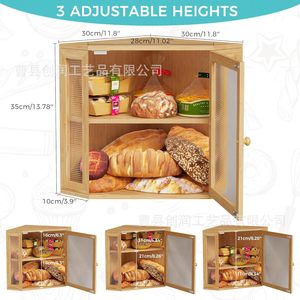 Boîte à pain en bambou, armoire de rangement en bois avec porte en verre, organisateur de nourriture de cuisine à 2 niveaux, couleur bois naturel - Product Image 5