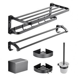 Juego de Accesorios de Baño de Aluminio de Cinco Piezas, Diseño Moderno y Lujoso, Portarrollos de Papel, Escobillero, Toallero, Color Negro, Diseño Minimalista Contemporáneo - Product Image 3