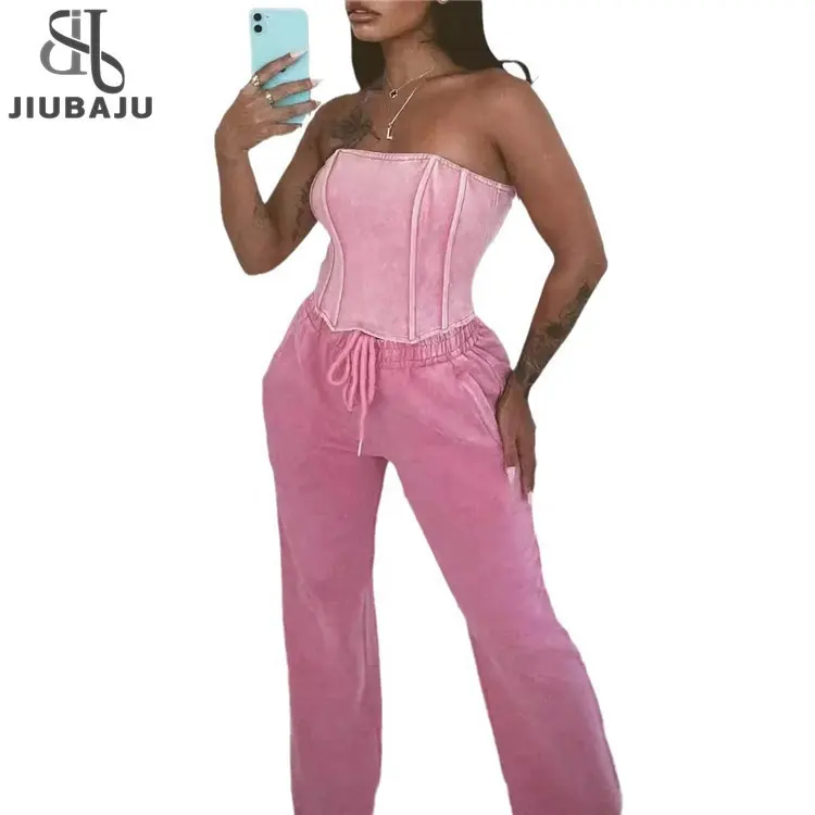 Conjunto de 2 piezas de color rosa para mujer, tops de tubo sexis y pantalones con cordón de cintura alta a juego, trajes de fiesta para discoteca 2024