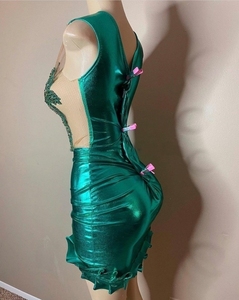 Vestido Corto Ajustado de Jersey con Pedrería Dorada, Diseño de Moda MF, Transpirable, Transparente, Sexy, Fruncido y Plisado, para Fiesta y Club - Product Image 4