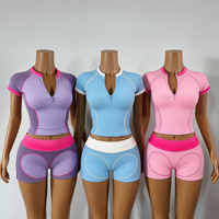 Offre Spéciale : Ensemble Sportif 3 Pièces Doux pour Femme avec Veste à Col Montant, Soutien-Gorge de Sport et Short – Bloc de Couleurs, Logo Personnalisé, Été