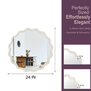 White 24 Inch Wavy Round Solid Wood Frame Decorative <b>Mirror</b> For Bedroom Bathroom Living Room Entryway - Product Image 4