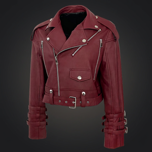 Blouson de motard en cuir PU bordeaux pour femme grande taille, col rabattu, fermeture éclair, ceinture, manches longues, coupe courte - Product Image 2