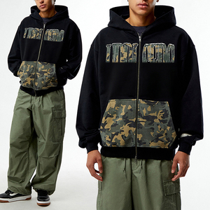 KingSen Men's Camo Patchwork Full Zip Hoodie <b>Applique</b> Embroidery Fleece Sweatshirt with Patch Pocket Oversized Streetwear - Product Image 1