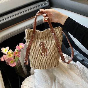 Yula Raffia Straw Woven Bucket Bag Khaki <b>Medium</b> Summer 2025 Beach Tote Shoulder <b>Handbag</b> - Product Image 1