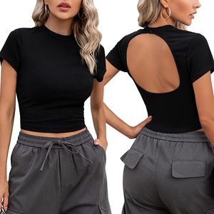 Camiseta Corta sin Espalda para Mujer, Cuello Alto, Manga Corta, Ajustada, Estilo Casual Y2K, Moda Verano 2023 - Product Image 1