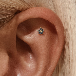 Boucles d'oreilles pendantes en argent S925 avec diamant et fleur à 5 pétales en quartz rutilé noir, filetées en or 1,2x6mm, bijoux de corps - Product Image 5