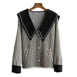 الكورية أزياء النساء فو فرو منك بحار طوق معطف Houndstooth و محبوك سترة