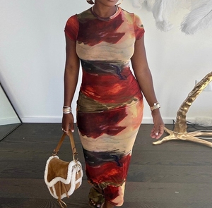 S M L Vestido estampado Jersey de cuello redondo de moda Vestido informal Vestido cruzado de cadera de manga corta - Product Image 1