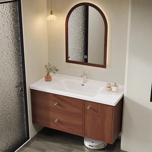 Mueble de Baño Retro de Madera de Nogal con Espejo LED Inteligente, Gabinete de Baño de Madera Sólida con Lavabo Integrado - Product Image 4