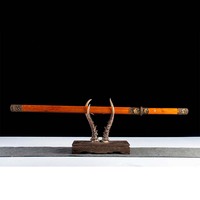 Tang Dao chinois vintage 1065CS fait main, avec garnitures sculptées en bronze antique, fourreau en bois jaune massif, épée décorative