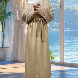 Latest Popular Linen Material Muslim Ladies Flower Embroidery With Pockets Open Abaya 3 Colors 1407# - Product Image 3