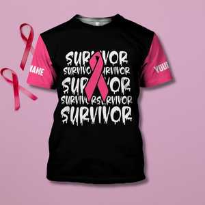 Maglietta per sopravvissute al cancro al seno con nastro rosa, personalizzabile con nome, maglietta di sensibilizzazione per donne forti e combattenti, idea regalo - Product Image 1