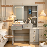 Coiffeuse de chambre à coucher avec miroir LED gris clair, étagères ouvertes, 5 tiroirs, poignées dorées, grande capacité