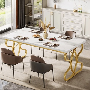 Table à manger en pierre frittée FYZK, mobilier contractuel, 6 places, plateau en marbre, base dorée, fournisseur en gros pour l'hôtellerie, les villas <span class=keywords><strong>et</strong></span> les restaurants - Product Image 2