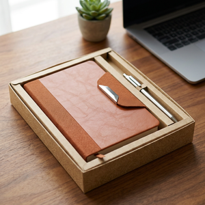 Set de Regalo de Cuaderno de Cuero Marrón y Bolígrafo Plateado en Caja de Cartón Kraft - Product Image 4