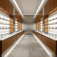 Solution complète d'aménagement pour magasin d'optique, Vitrine à lunettes en bois grainé avec peinture laquée, Vitrine murale rétroéclairée