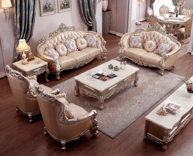 Ruang Duduk Kulit Asli Klasik Eropa, Kayu Solid Gaya Perancis Ukiran Kelas Tinggi Villia Sofa Ruang Tamu Keluarga Besar
