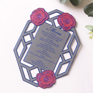Flor fucsia diseño romántico menú de boda personalizado 7 pulgadas <span class=keywords><strong>restaurante</strong></span> menú tarjetas lámina DIY Logo papel cortado con láser música Anime - Product Image 4
