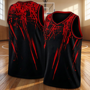 Maillot de basket-ball pour hommes, sans manches, col en v, noir, rouge, maille respirante, évacuant l'humidité, imprimé par transfert thermique, nom de l'équipe personnalisé - Product Image 3