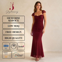 Gaun Maxi Mermaid Burgundy Wanita Joydressing dengan Detail Ruched dan Lengan Mengembang untuk Acara Formal