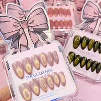 Faux ongles courts œil-de-chat en perles de verre, pré-dessinés, faits main, colorés, DIY, prêts à poser pour le nail art