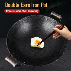 Grand <span class=keywords><strong>Wok</strong></span> en fer à deux oreilles, marmite en fer à fond rond, cuisine commerciale, antiadhésif, Non revêtu, vente en gros - Product Image 2