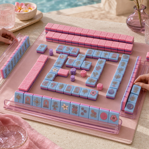 Juego de Mahjong Americano de Acrílico Azul y Rosa de Lujo, con Fichas de Mahjong Grabadas con Palmeras al Atardecer, en Caja - Product Image 6