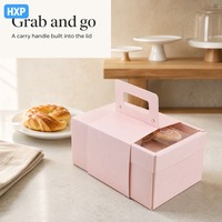 Boîte à pâtisserie rose personnalisée avec fenêtre transparente et poignée de transport, emballage pour boulangerie